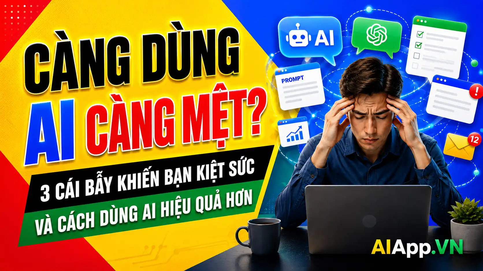 Thumbnail bài viết Càng dùng AI càng mệt, minh họa người dùng bị quá tải bởi công cụ AI và nhiều tác vụ số.